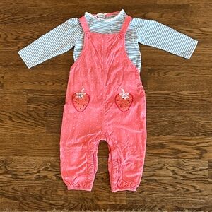 Baby Boden Coral Strawberry Overalls Set